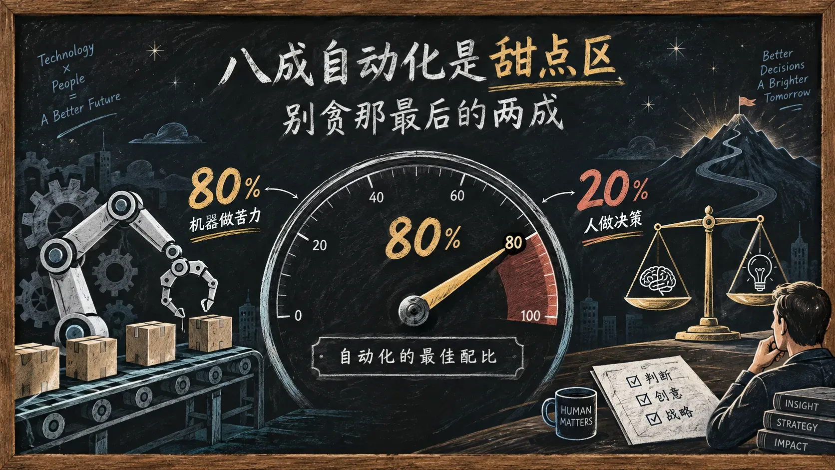 3D插画,自动化刻度表盘指向八成位置,配齿轮与人工决策天平