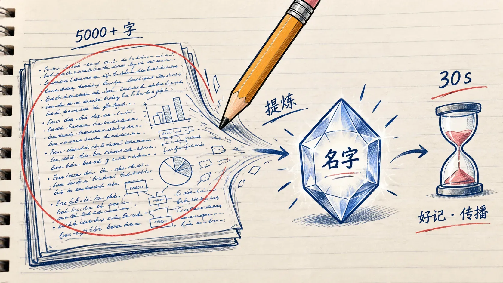 手写字被铅笔压缩成闪亮知识晶体的插图,表达给框架起一个好记的名字