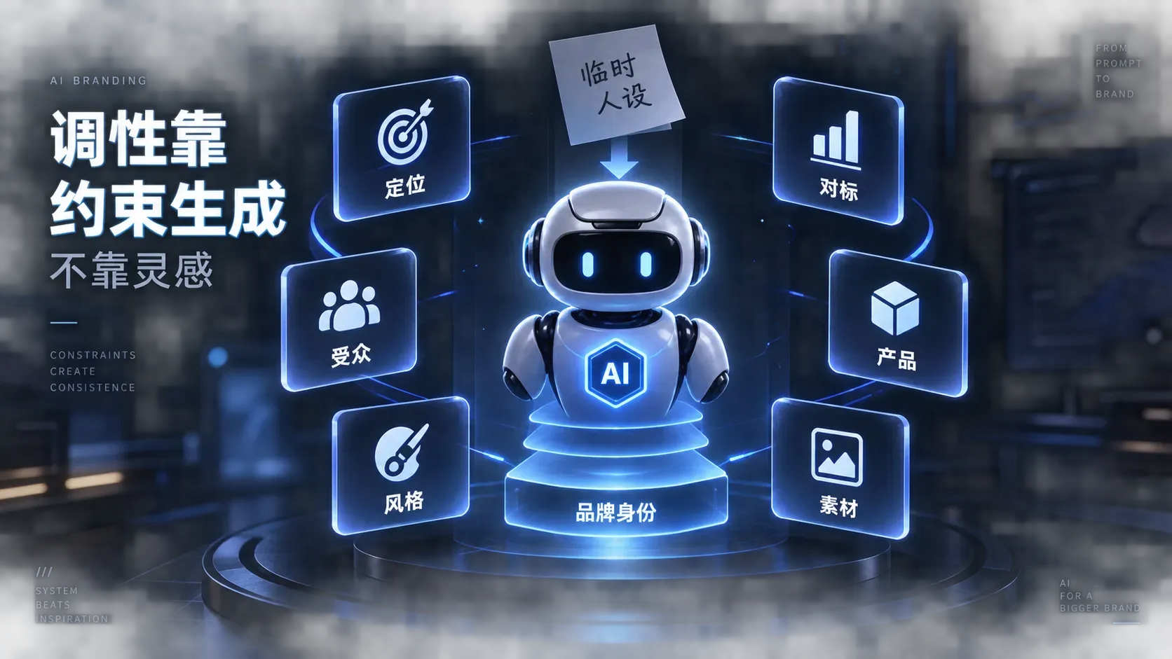 六维品牌约束环绕机器人的编辑插图,表达AI身份的分层加载机制