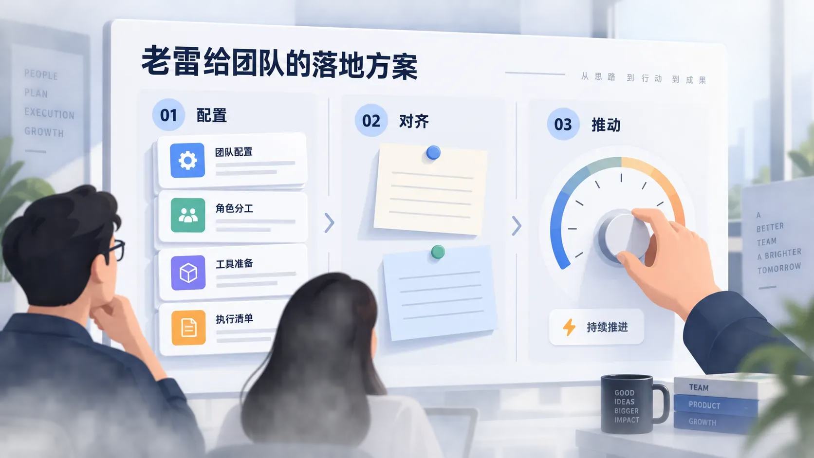 团队看板三栏呈现配置集规则与用量仪表盘的信息图,表达落地三步走