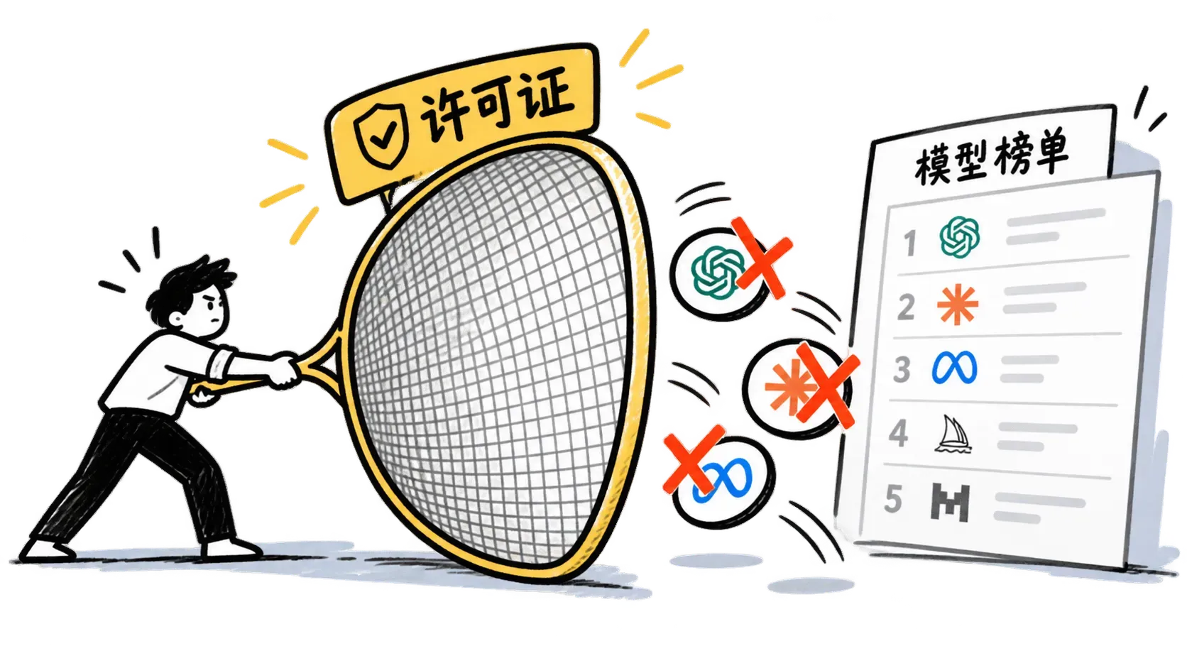 手绘插画，许可证筛子挡在 AI 语音模型榜单前，不可商用的徽章被打上交叉