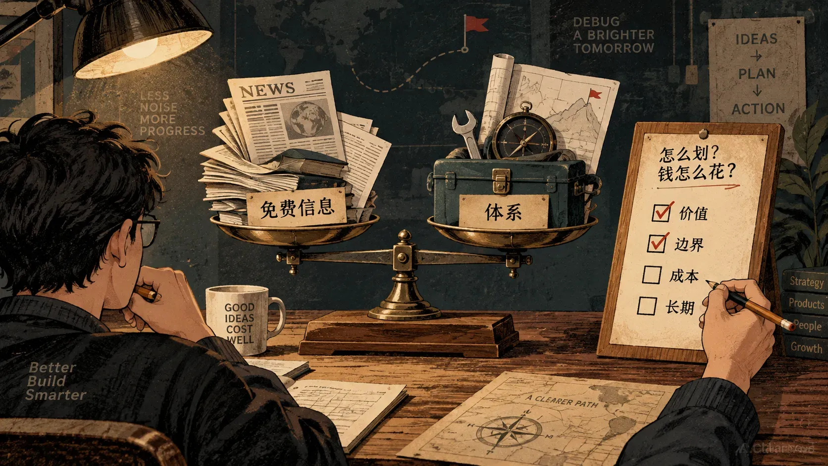 天平两端摆放免费信息与体系工具，四个信号勾选框木牌立在旁边的插图