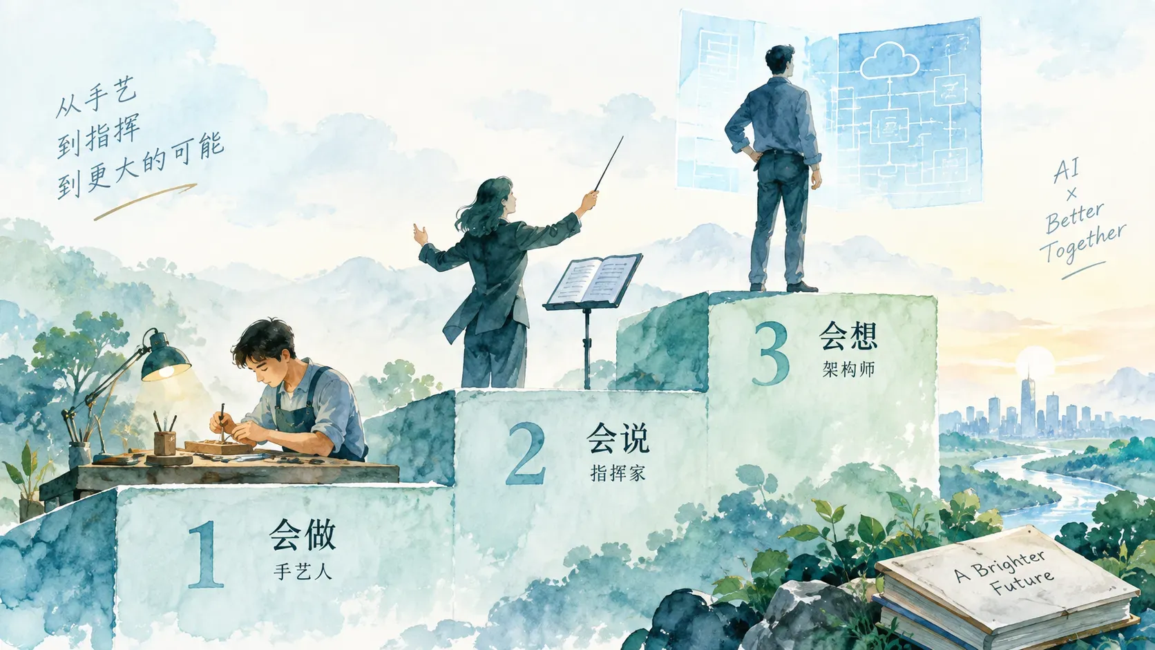 三级台阶上三个人物的水彩插图，表达手艺人指挥家架构师的三层进化
