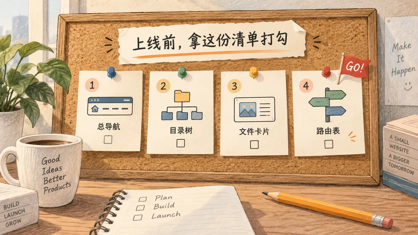 四张步骤便签卡钉在软木板上的手绘插图,表达知识库最小可用版四步搭建