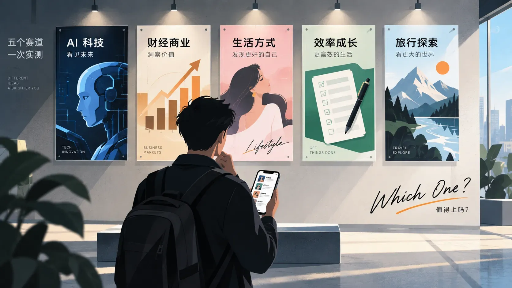 五个内容赛道的不同视觉风格卡片挂满一面展示墙的插图