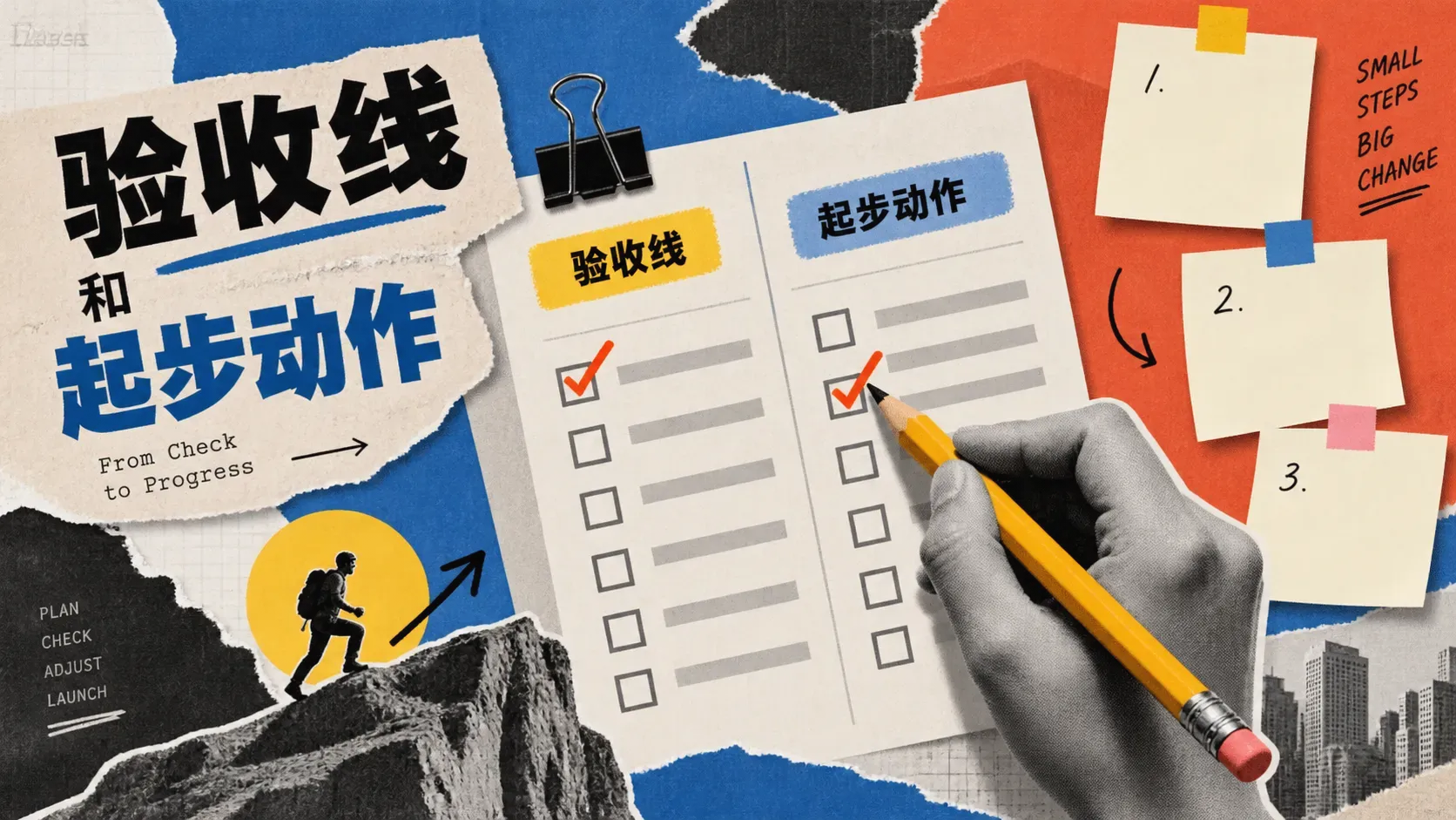 杂志拼贴风插画，铅笔在双栏答题卡剪纸上勾选验收项，旁边贴三张空白便签，代表微调模型的新旧两套验收题