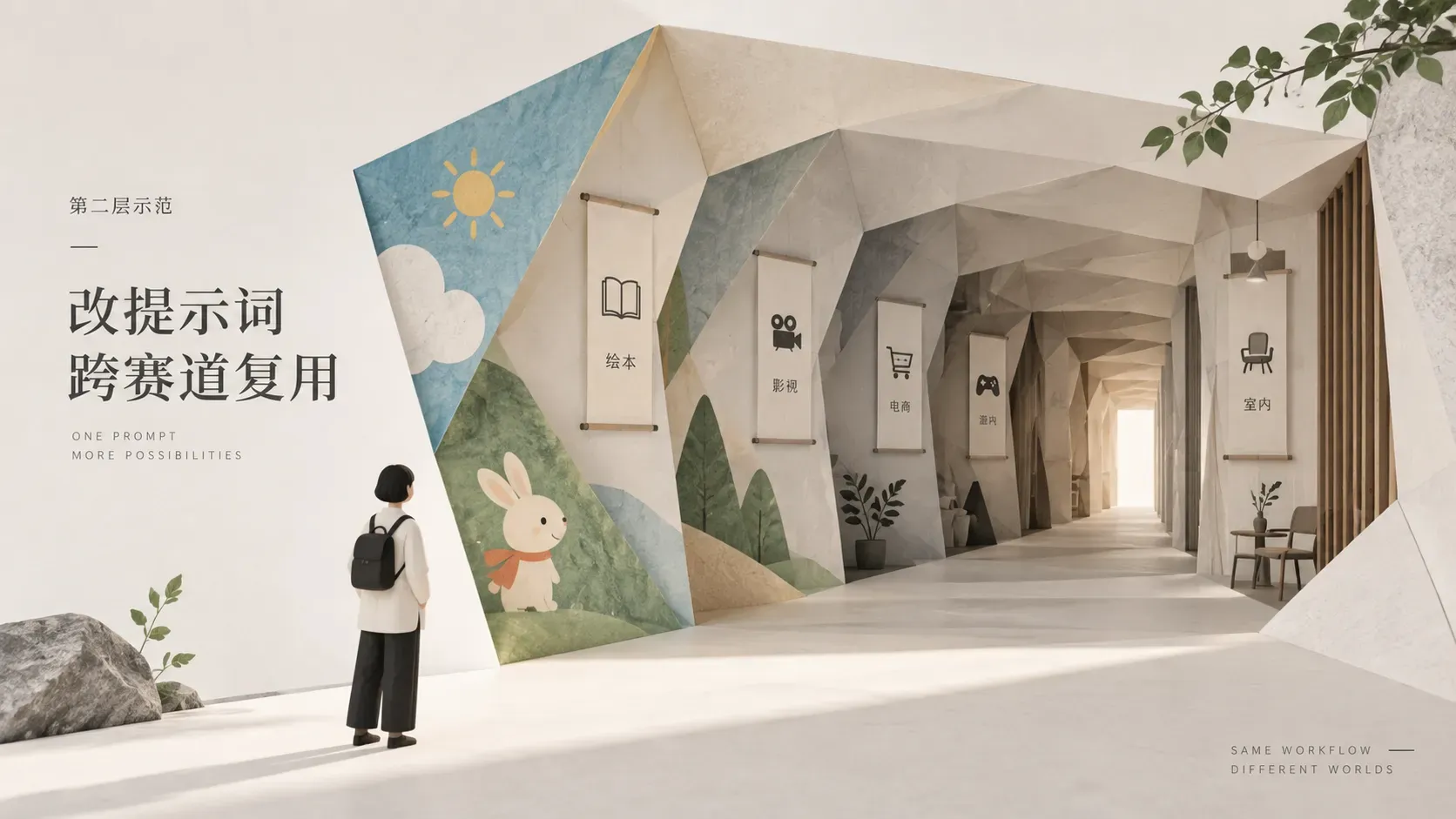 折纸隧道渐变的手绘插图，表达改提示词即跨赛道复用