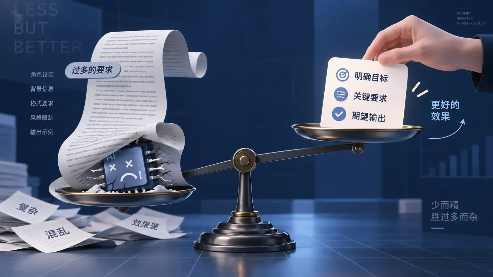 长卷轴与短卡片在天平两端对比的图解插图，表达提示词要先做减法