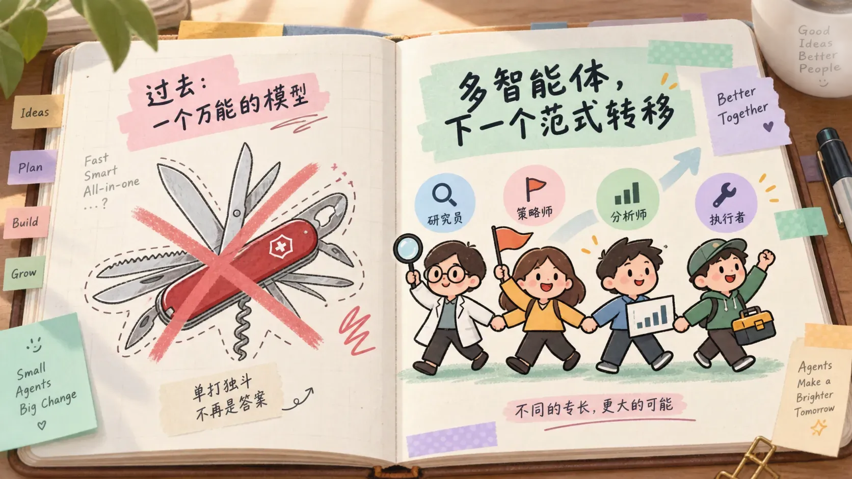 瑞士军刀被划掉与四角色团队的手绘插图,表达多智能体协作范式