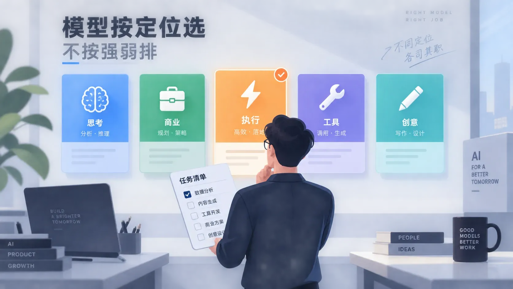 五张职能角色卡片墙前工程师比对任务清单的信息图,表达模型按定位选不按强弱排