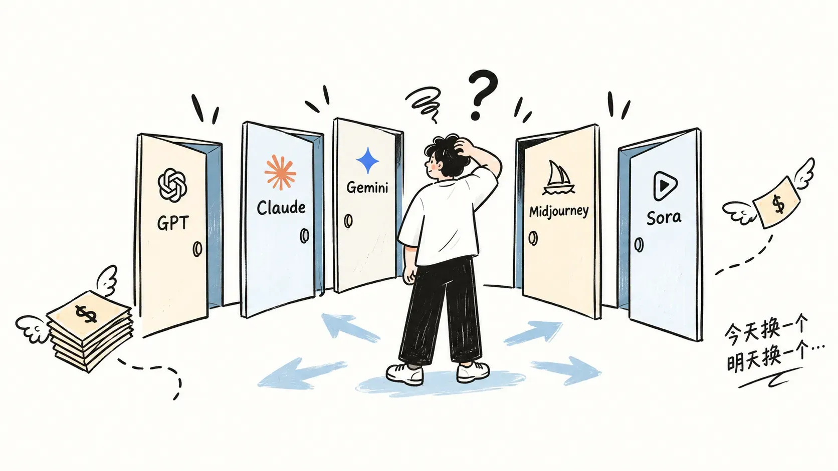 三个烧钱误区的涂鸦插图，频繁换模型、只看价格、忽视后期