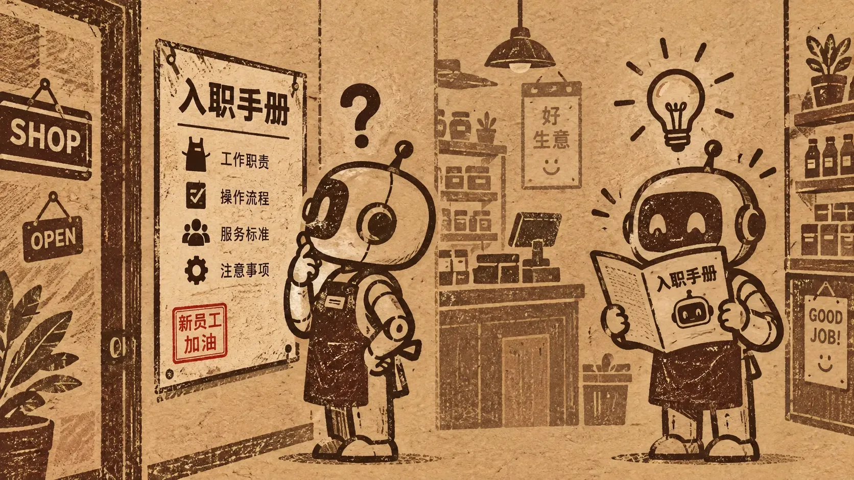 机器人店员阅读入职手册的牛皮纸插图，表达CLAUDE.md的作用