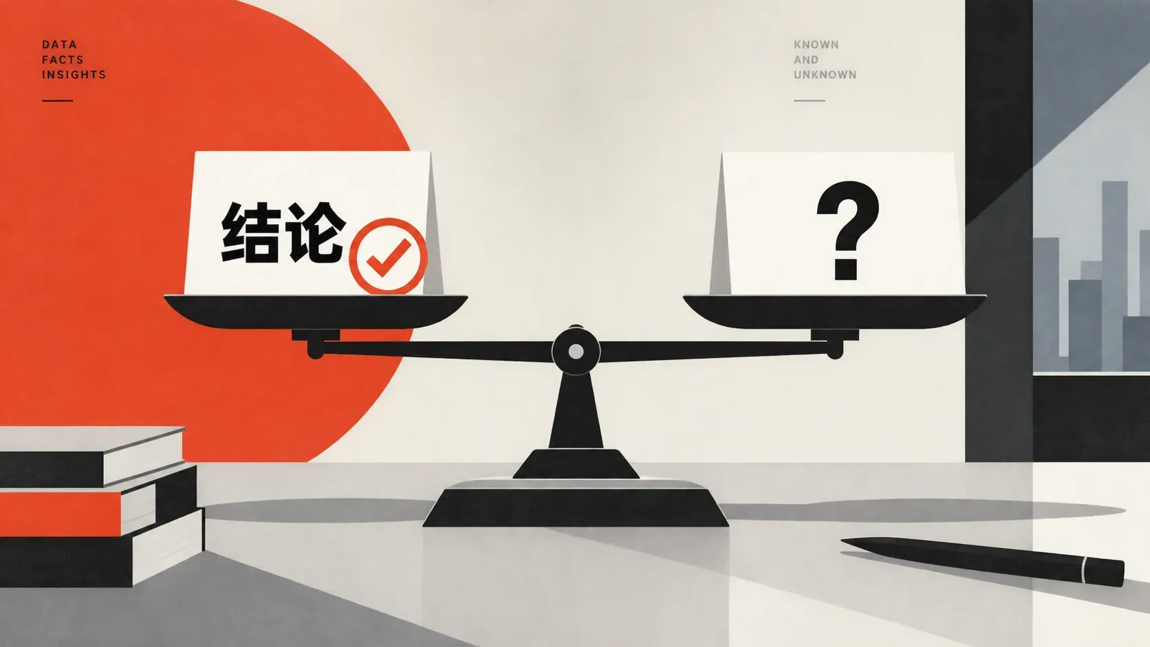 现代主义几何插画，天平一端是盖章结论卡另一端是问号空白卡，表达实测结论与未测边界并存