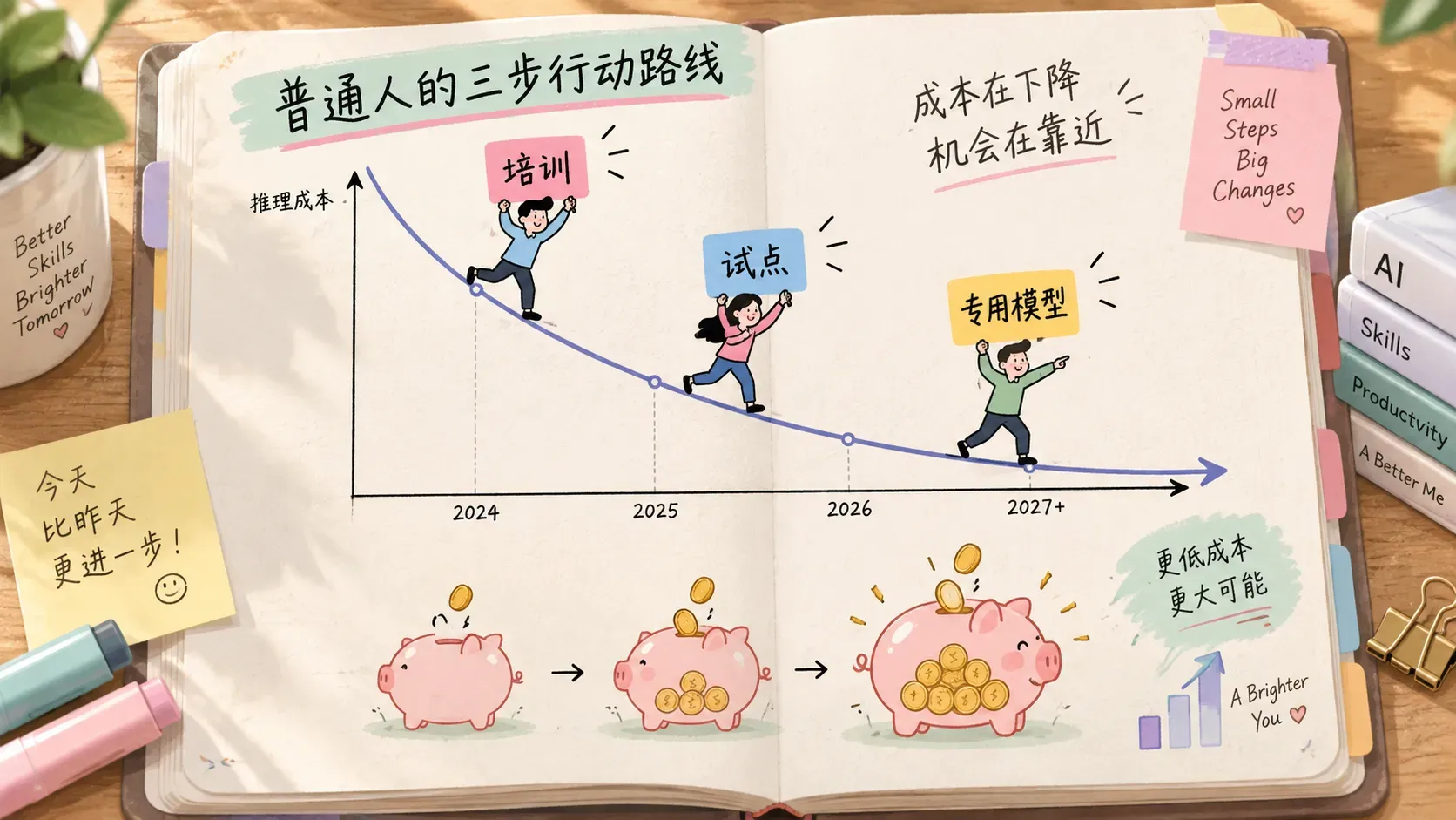 下行成本曲线与三个举牌小人的手绘插图,表达推理成本下降的三个观察位