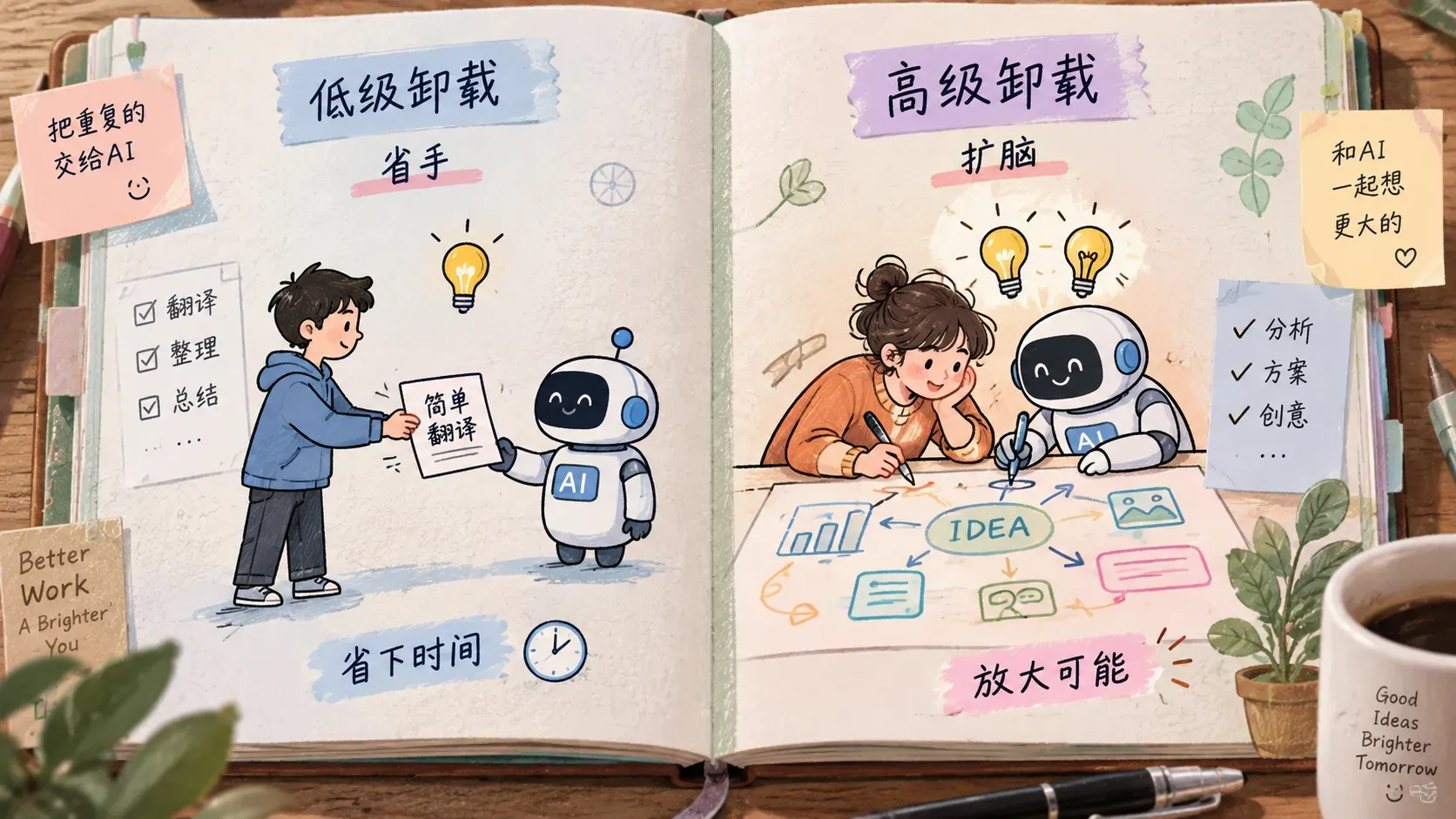 认知卸载两档对比的手绘涂鸦,表达低级卸载省手与高级卸载扩脑