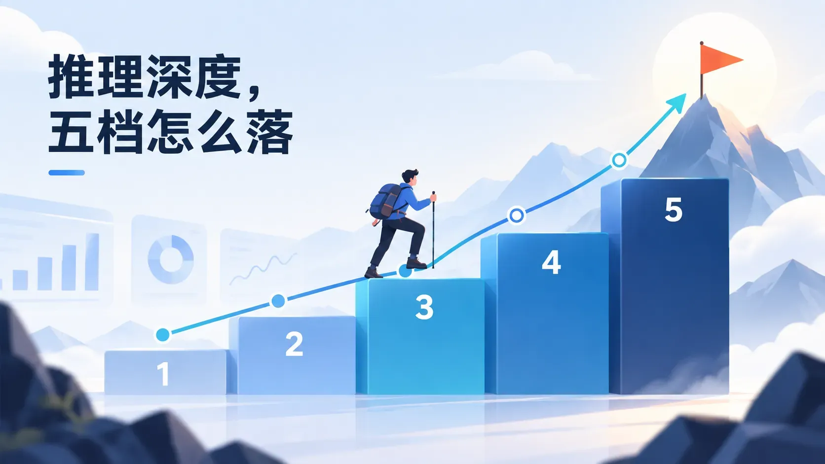 五级台阶与同步爬升折线的信息图,表达推理深度五档按任务难度逐级选择