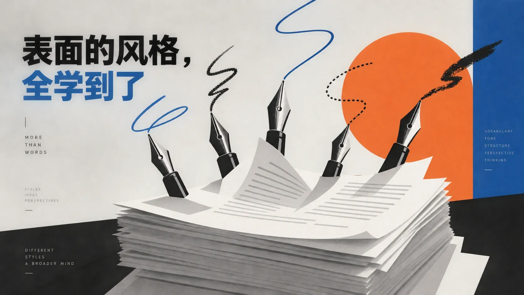 现代主义几何插画，一叠文稿上升起多支笔尖和不同笔迹弧线，表达模型学到的多层写作风格
