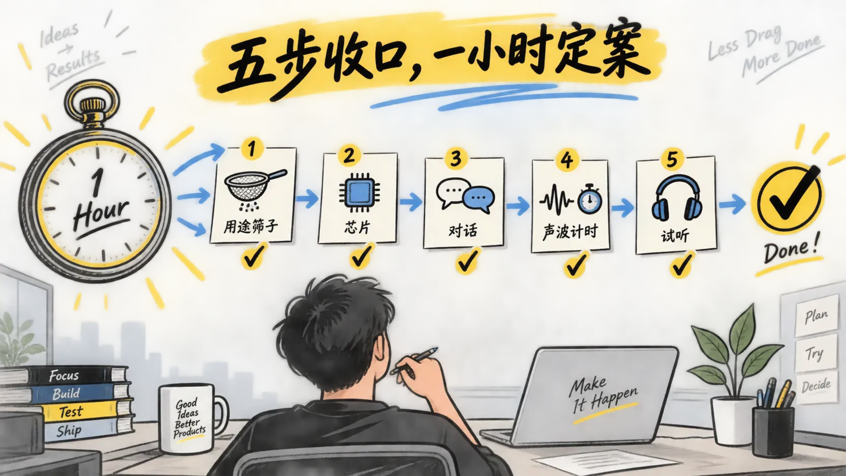 手绘插画，一只怀表延伸出五条箭头串起五张便签，从用途筛子到试听耳机，代表一小时内完成五步选型