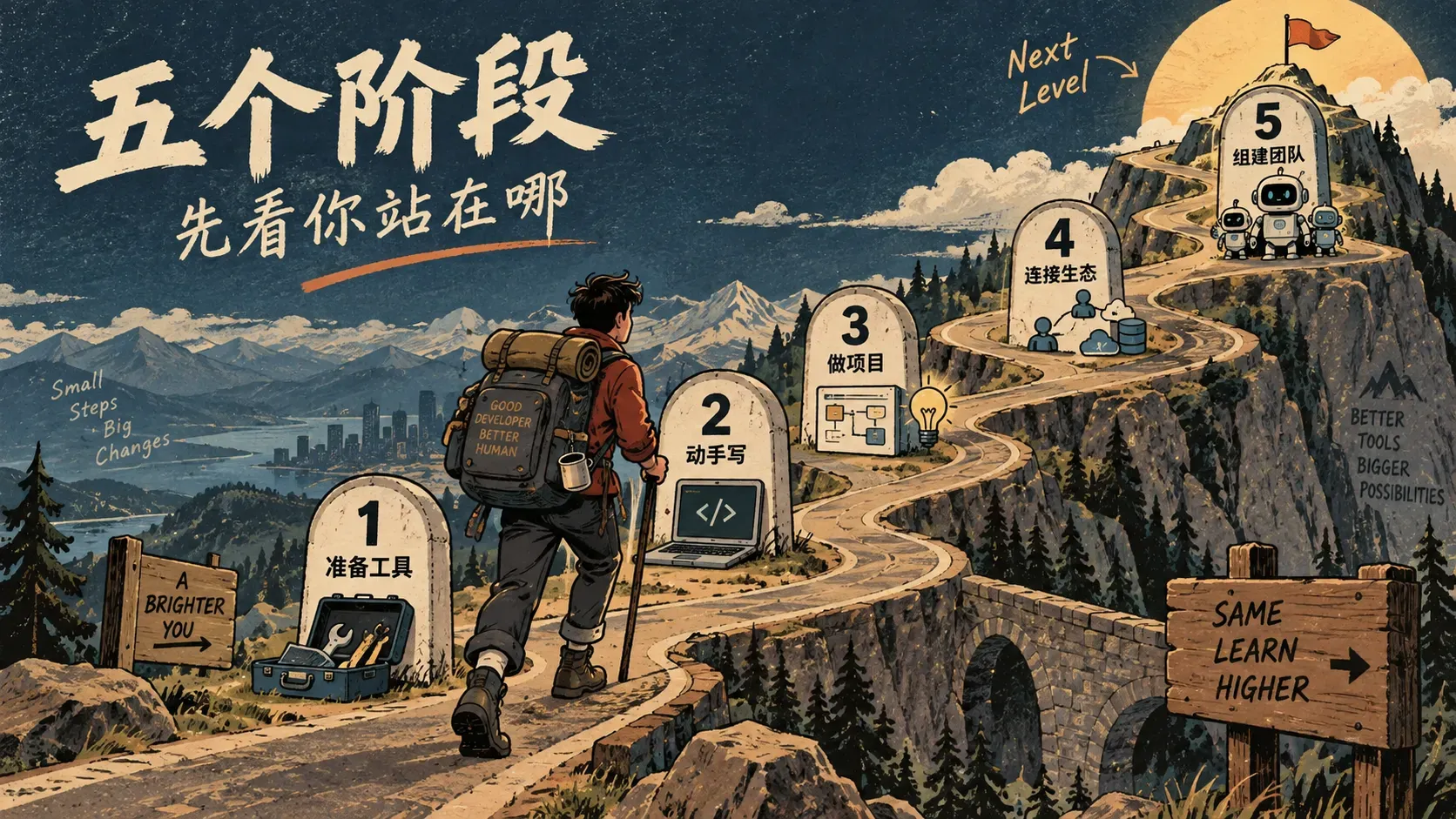 自学路径像盘山公路，五个阶段里程碑从安装配置一路排到系统搭建的插图