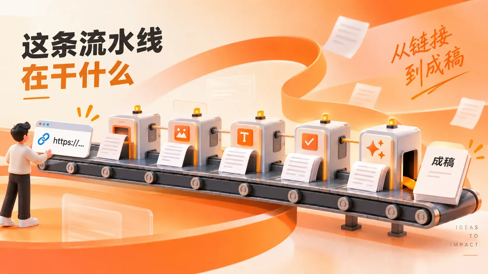 中文链接经流水线各模块变成长文成稿的示意图