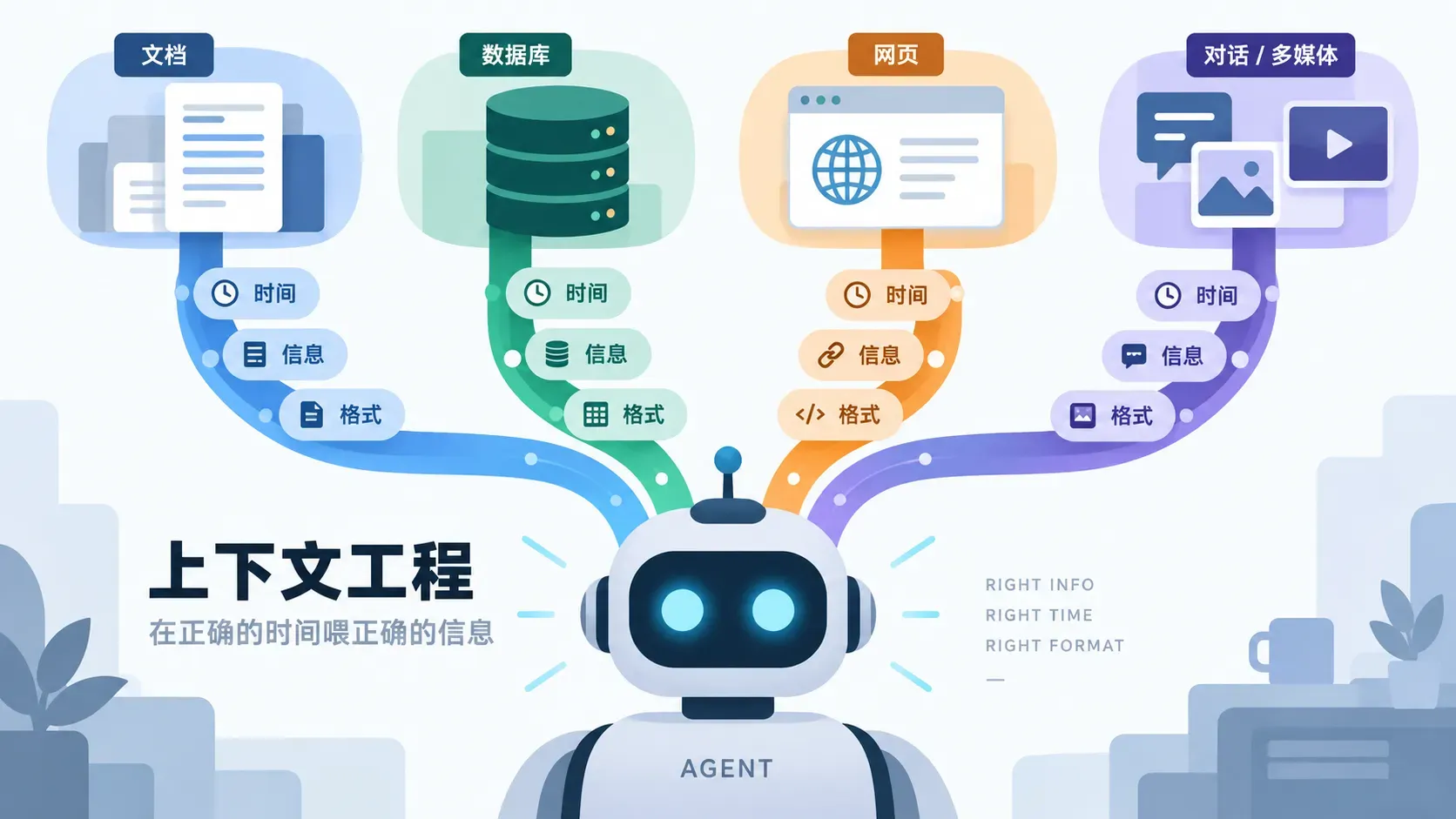 信息管道汇入机器人头部的扁平插图，表达上下文工程的信息供给