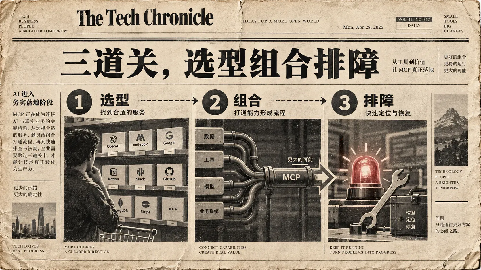 旧报纸版式插图,选型、组合、排障三道关卡依次排开,中间有虚线路径相连
