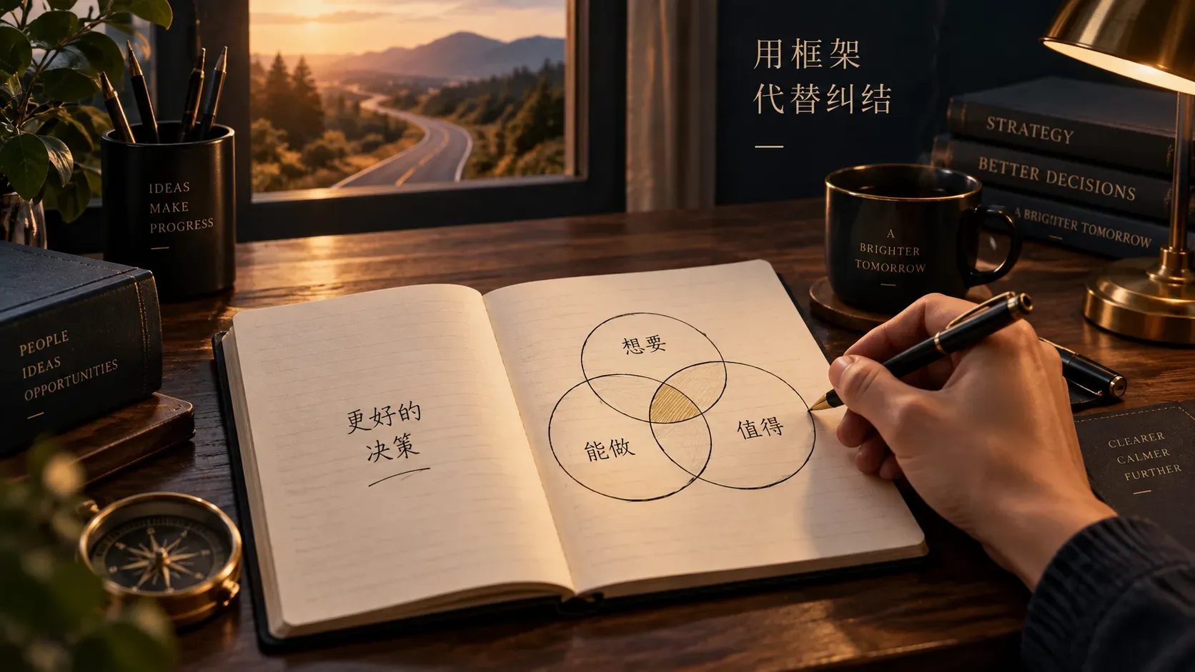 书桌前笔记本上画着兴趣技能市场三圆交集的决策插画