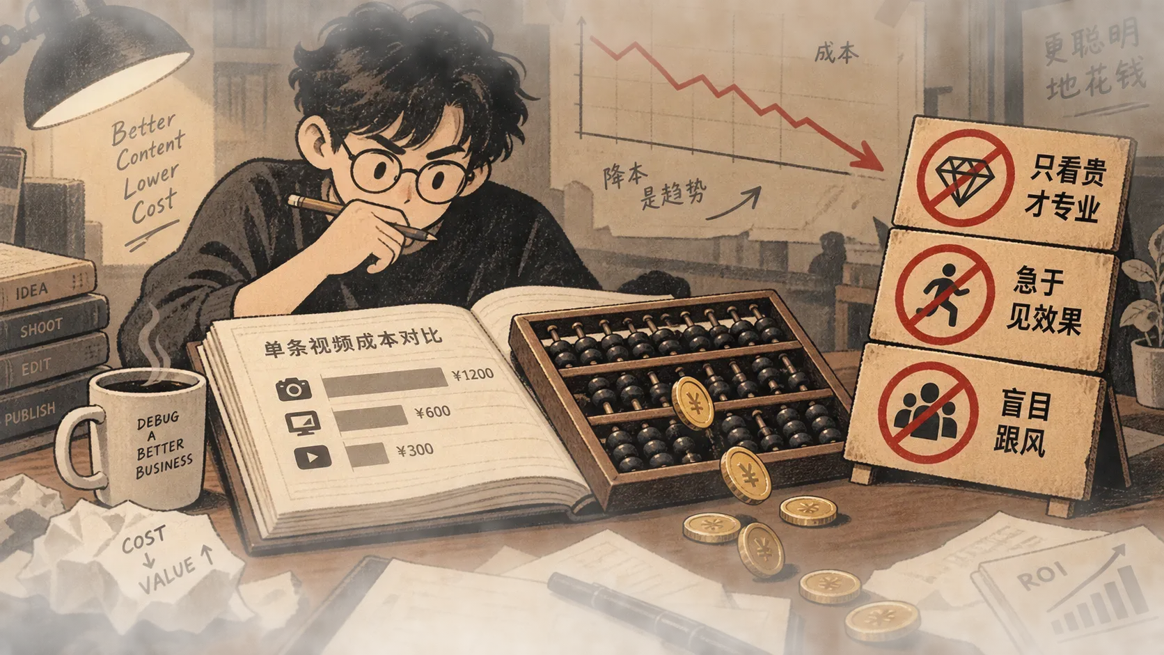复古会计桌上算盘与账本滚出硬币，旁边三块被划掉的心态误区告示牌的插图