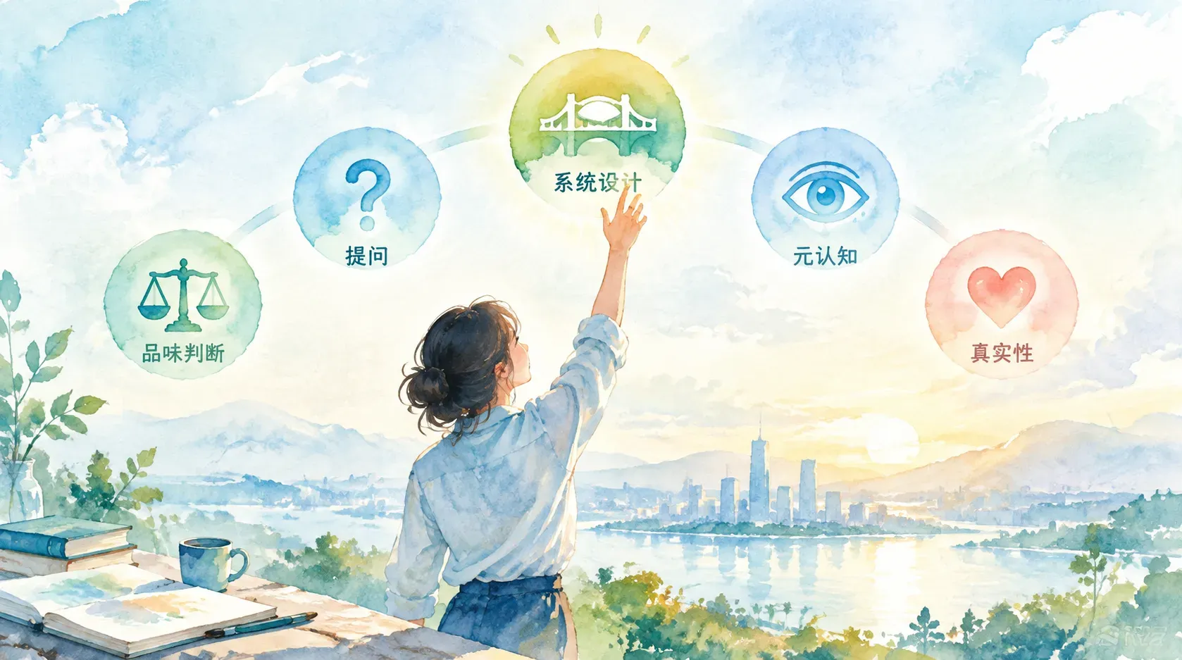 五枚能力徽章悬浮成弧线的水彩插图，表达AI时代五种真正值钱的能力