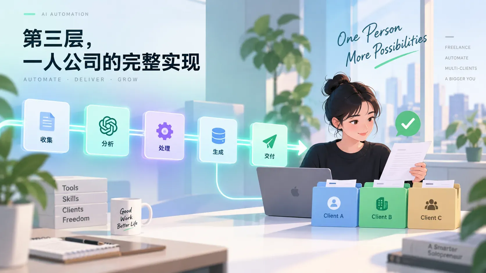 自动化流程管线与自由职业者的插图,表达AI自动化接单层
