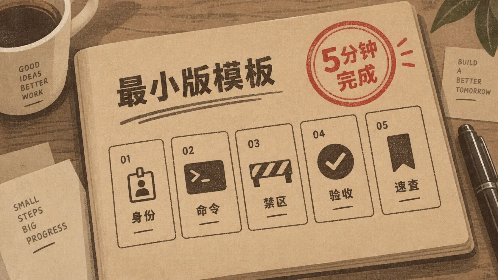 五小节手册模板的牛皮纸插图，表达最小可用版的CLAUDE.md结构