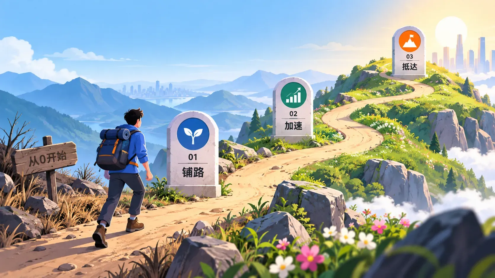 上坡路与三块里程碑的手绘插图，表达12周三阶段获客行动计划