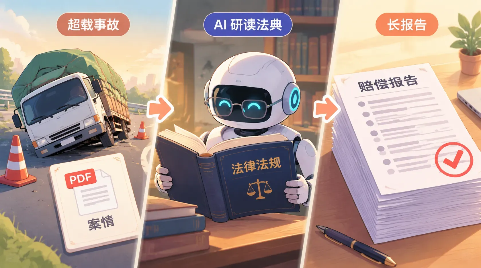 货车事故到机器人查法典再到输出报告的三格条漫插图,表达AI法律咨询全流程