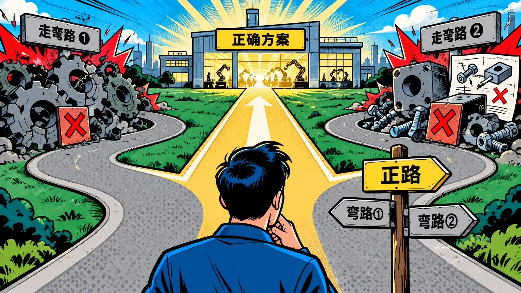 两条弯路与一条正路的对比插画，岔路尽头是卡住的齿轮与错拼零件，主路通向亮灯的工厂车间