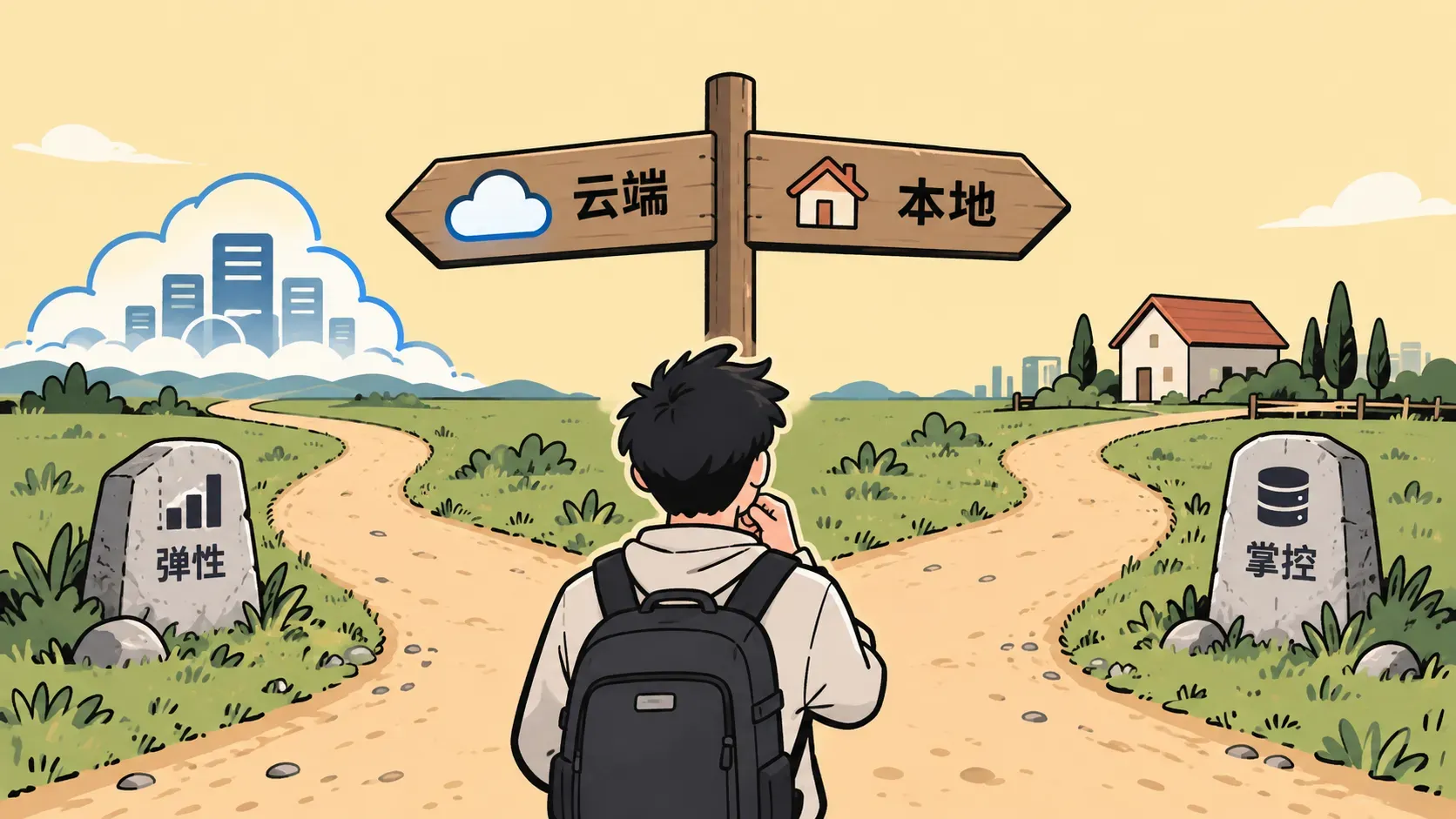 分岔路口两块指示牌指向云朵与房子的极简插画，表达Make与n8n选型对照