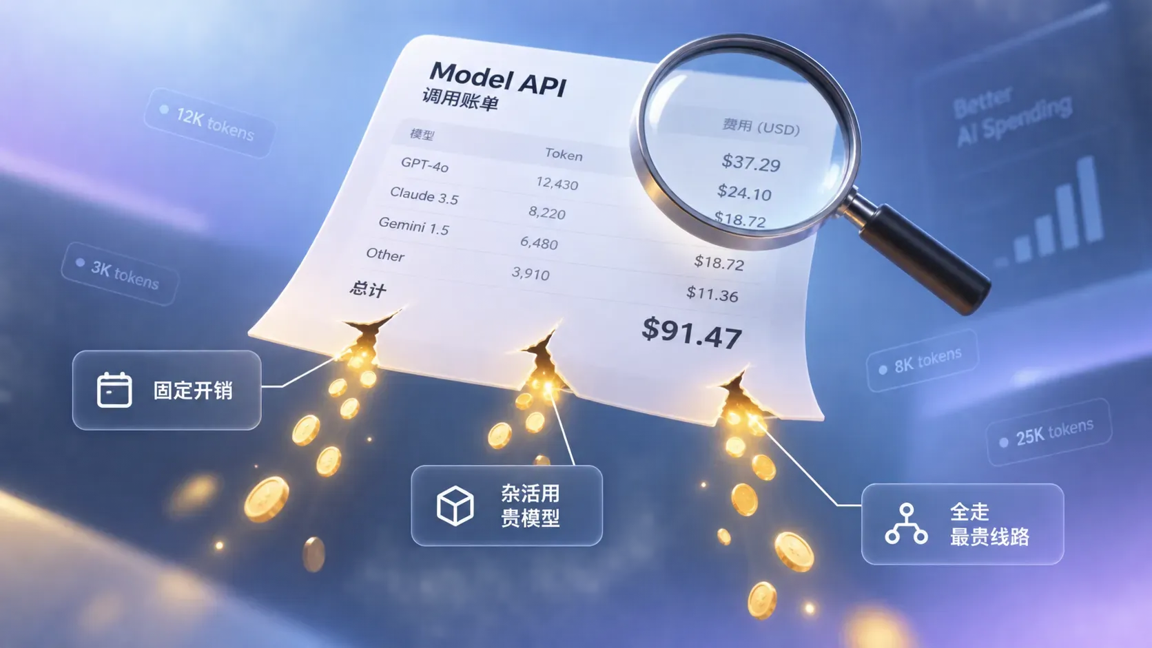 悬浮账单三道裂口漏金色光点的插图,表达Agent账单里三处隐蔽的成本漏洞