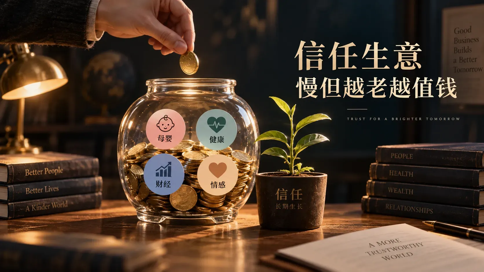 硬币落入透明存钱罐长出植物的插画,表达信任型赛道的资产积累