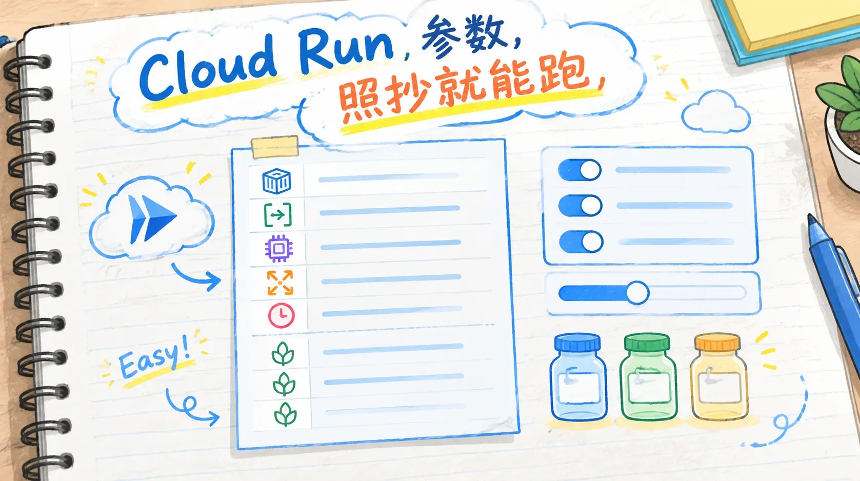 Cloud Run 部署参数笔记涂鸦，旋钮滑块与标签瓶排成一列