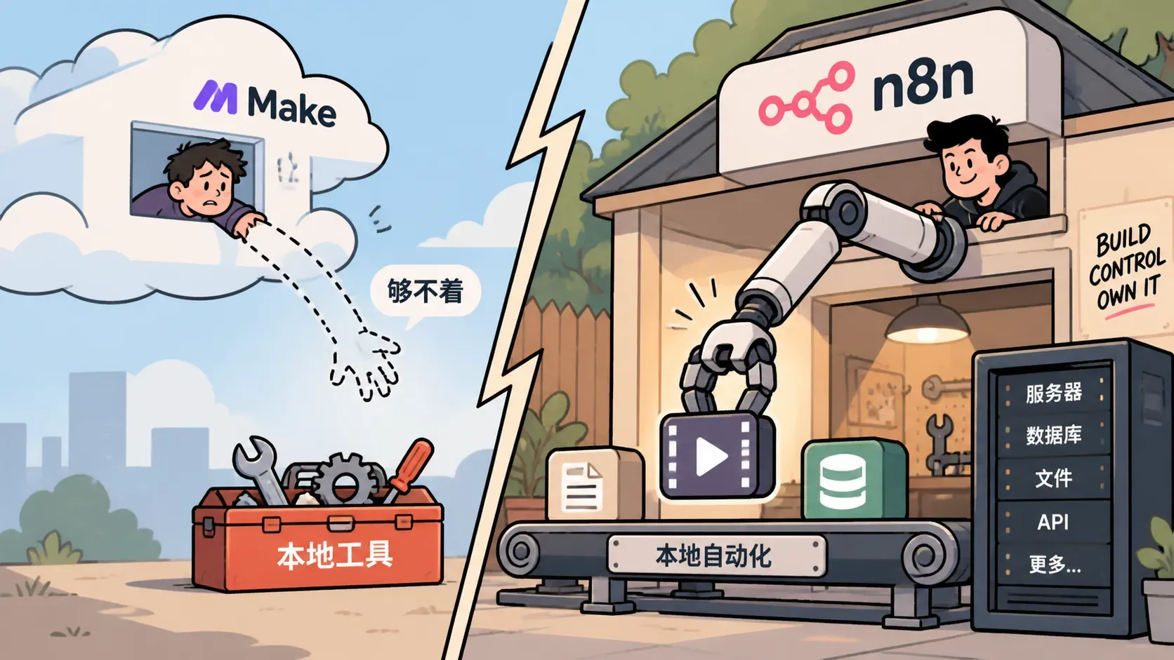 云端平台够不到工具与自建工坊机械臂全掌控的漫画对比，表达n8n本地执行优势