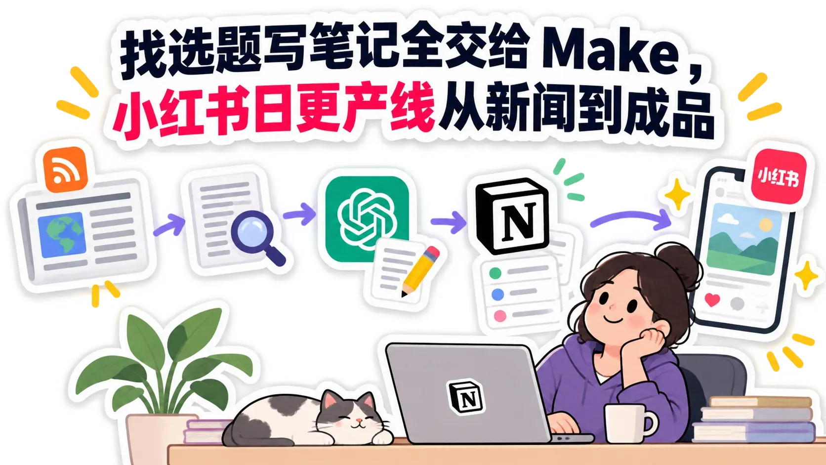 找选题写笔记全交给 Make，小红书日更产线从新闻到成品