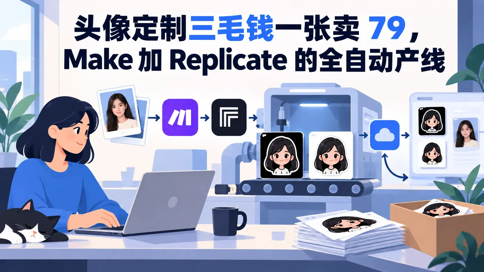 头像定制三毛钱一张卖 79，Make 加 Replicate 的全自动产线