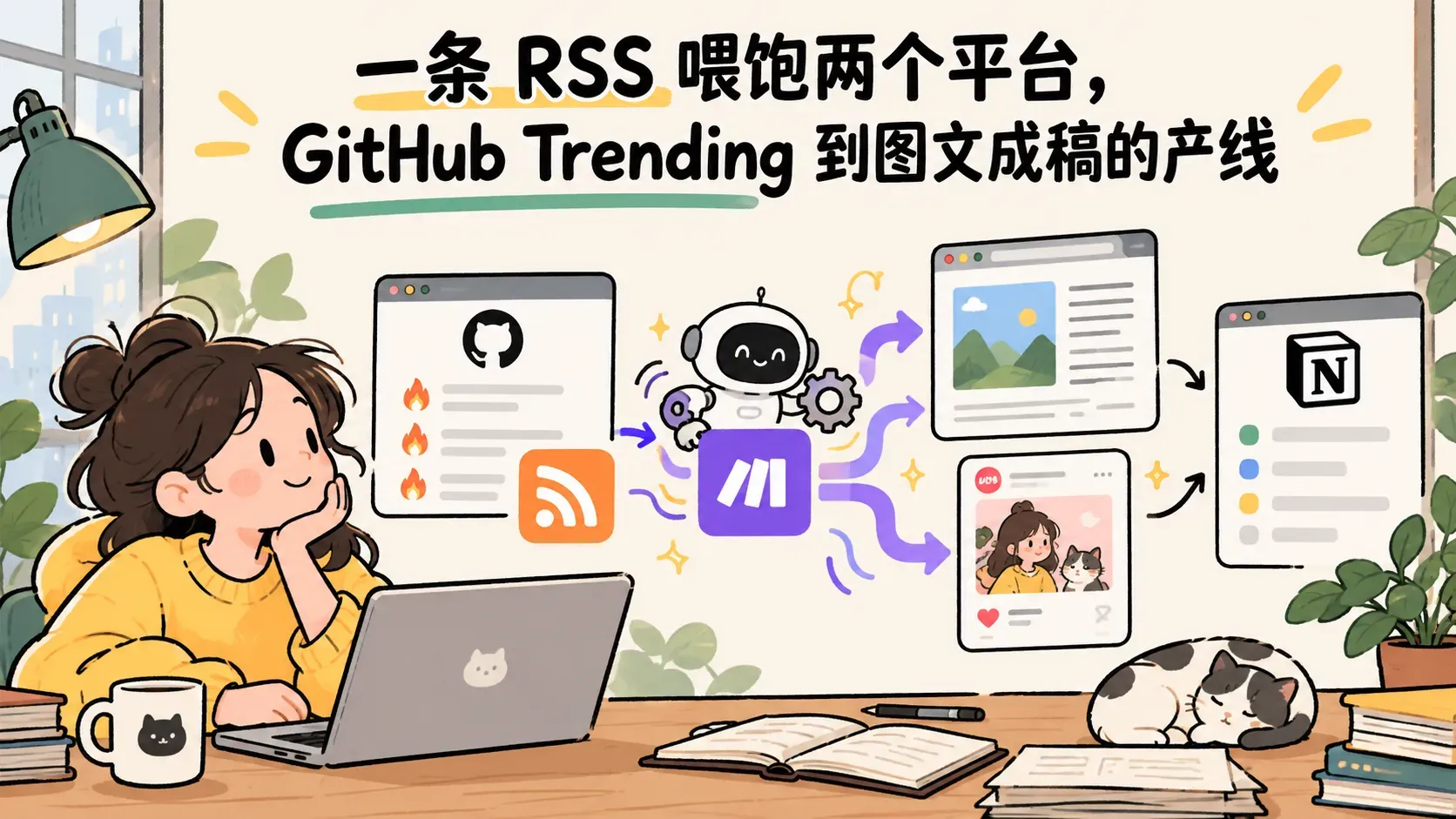 一条 RSS 喂饱两个平台，GitHub Trending 到图文成稿的产线