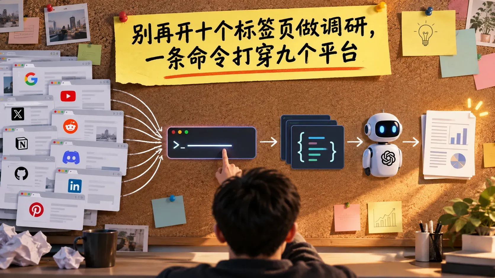 别再开十个标签页做调研，一条命令打穿九个平台
