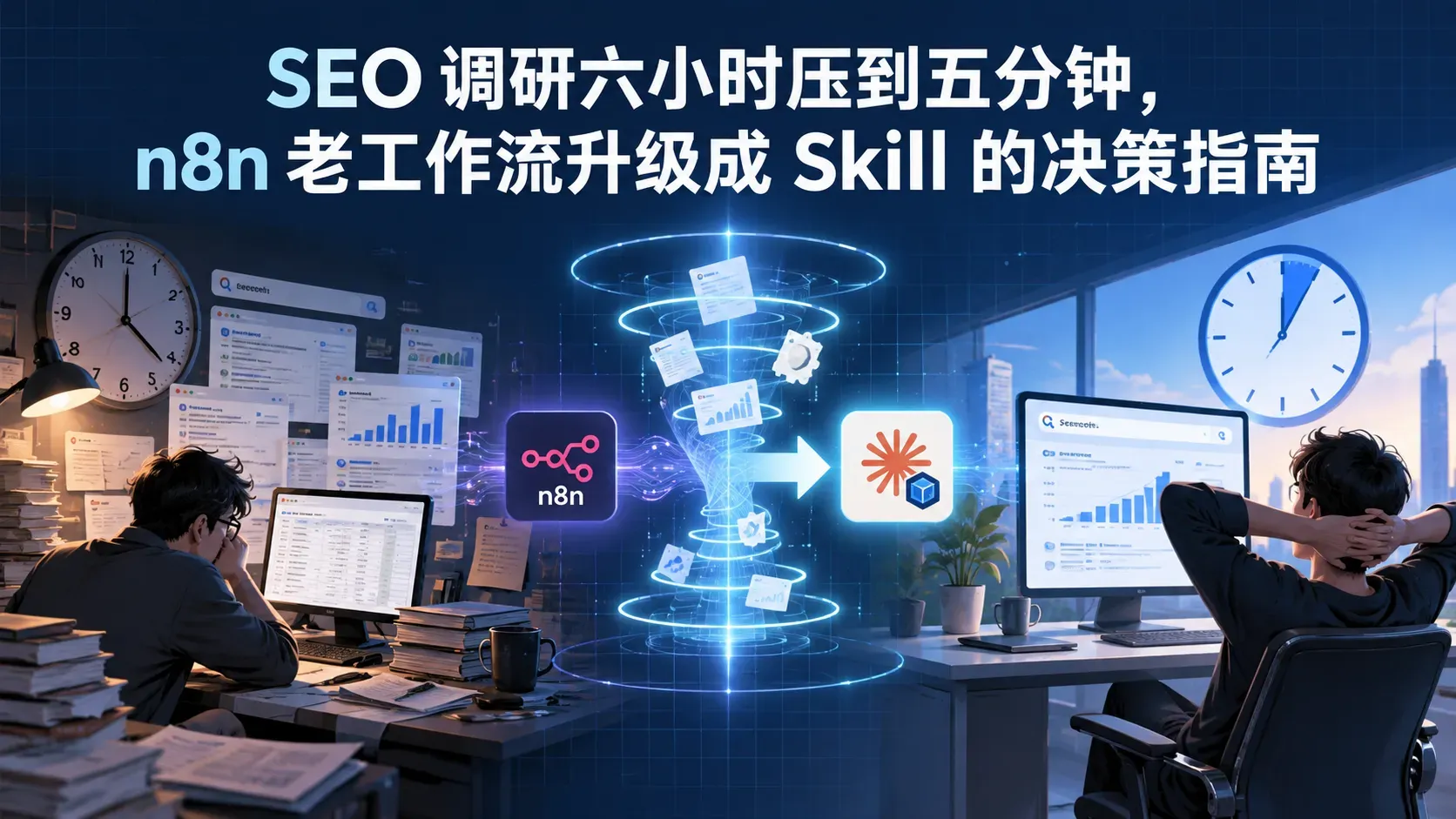 SEO 调研六小时压到五分钟，n8n 老工作流升级成 Skill 的决策指南