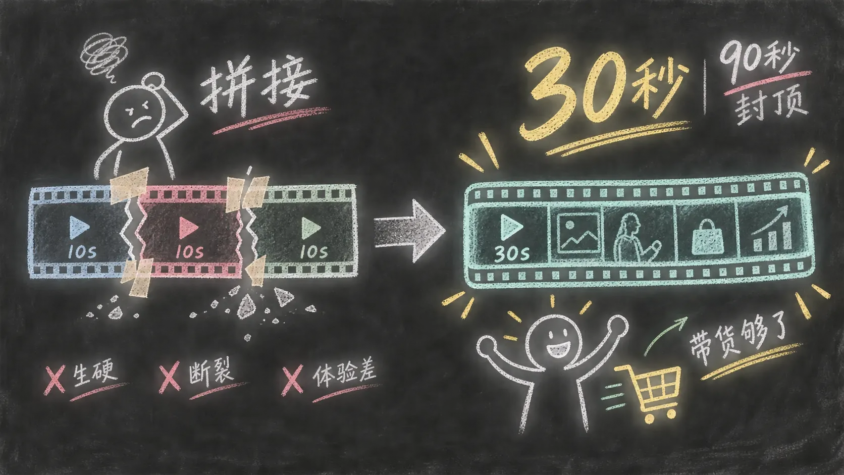 黑板粉笔手绘,左边三段短视频带子拼接处裂开掉渣,右边一整条长带一笔到底,旁标30秒与90秒
