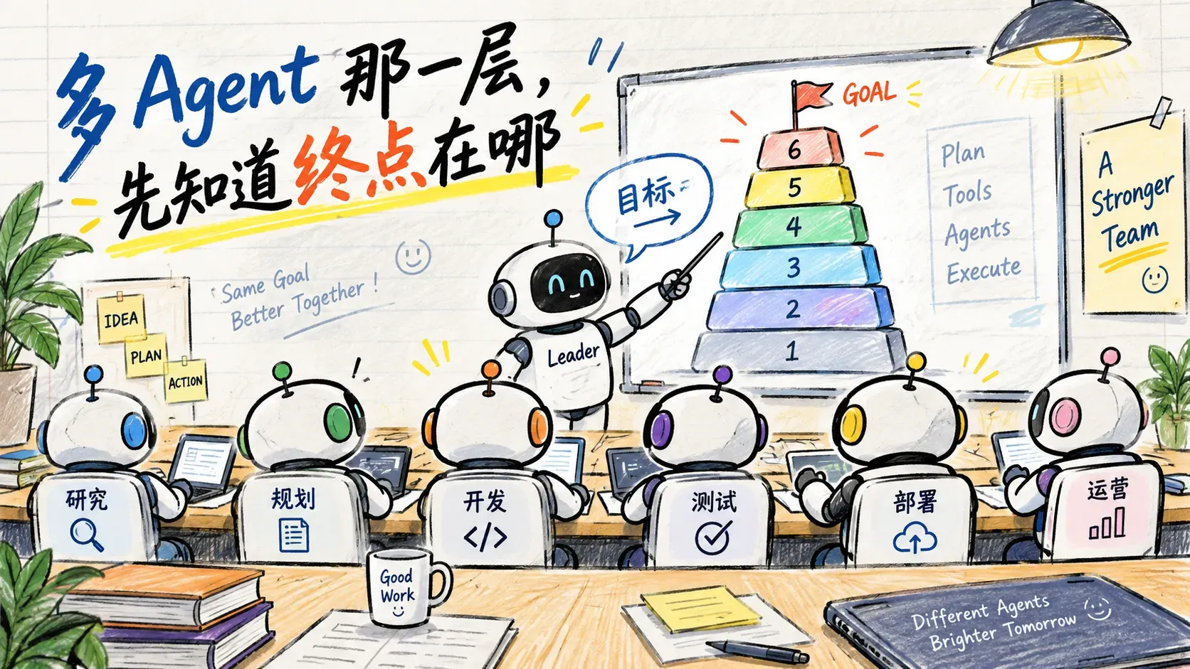 手账涂鸦展示多 Agent 团队，长桌后一排小机器人各有工位标牌，白板前指挥者指向六层塔图纸