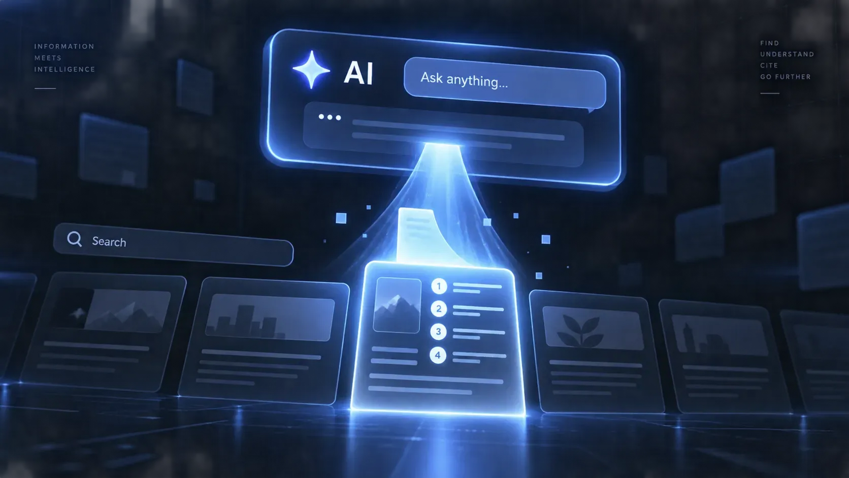 一个发光的 AI 对话面板悬在搜索结果卡片上方，一道光线把下方一张结构清晰的元描述卡片吸进面板，两侧普通卡片未被理会