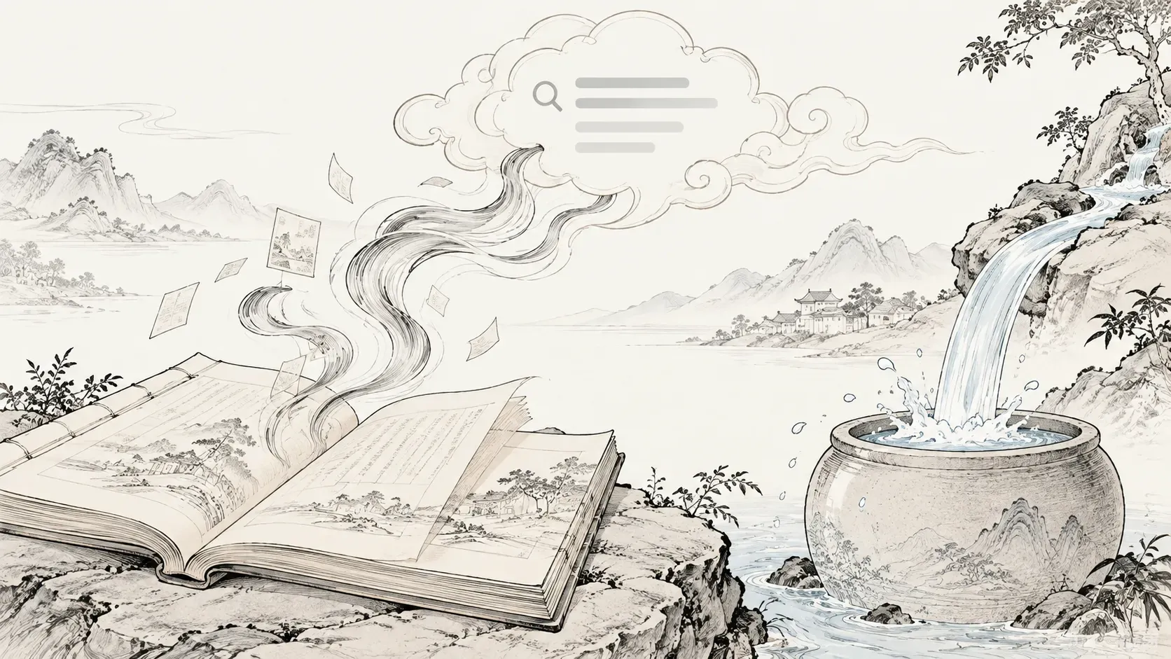 白描插画，一本摊开的册页升起几缕墨色气流，汇入上方一朵祥云轮廓的对话框，远处一条新开的溪流蜿蜒注入水缸，留白疏朗