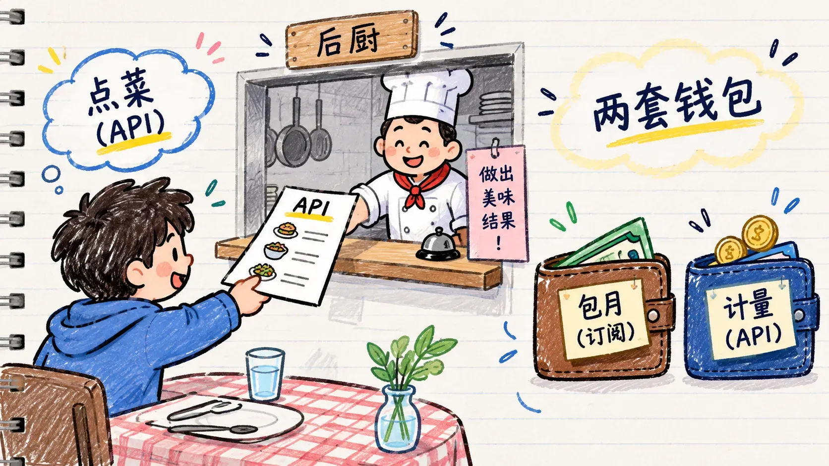 手账涂鸦图展示 API 点菜类比，顾客把菜单递给后厨窗口，桌边放着包月钱包和带水表的钱包各一只
