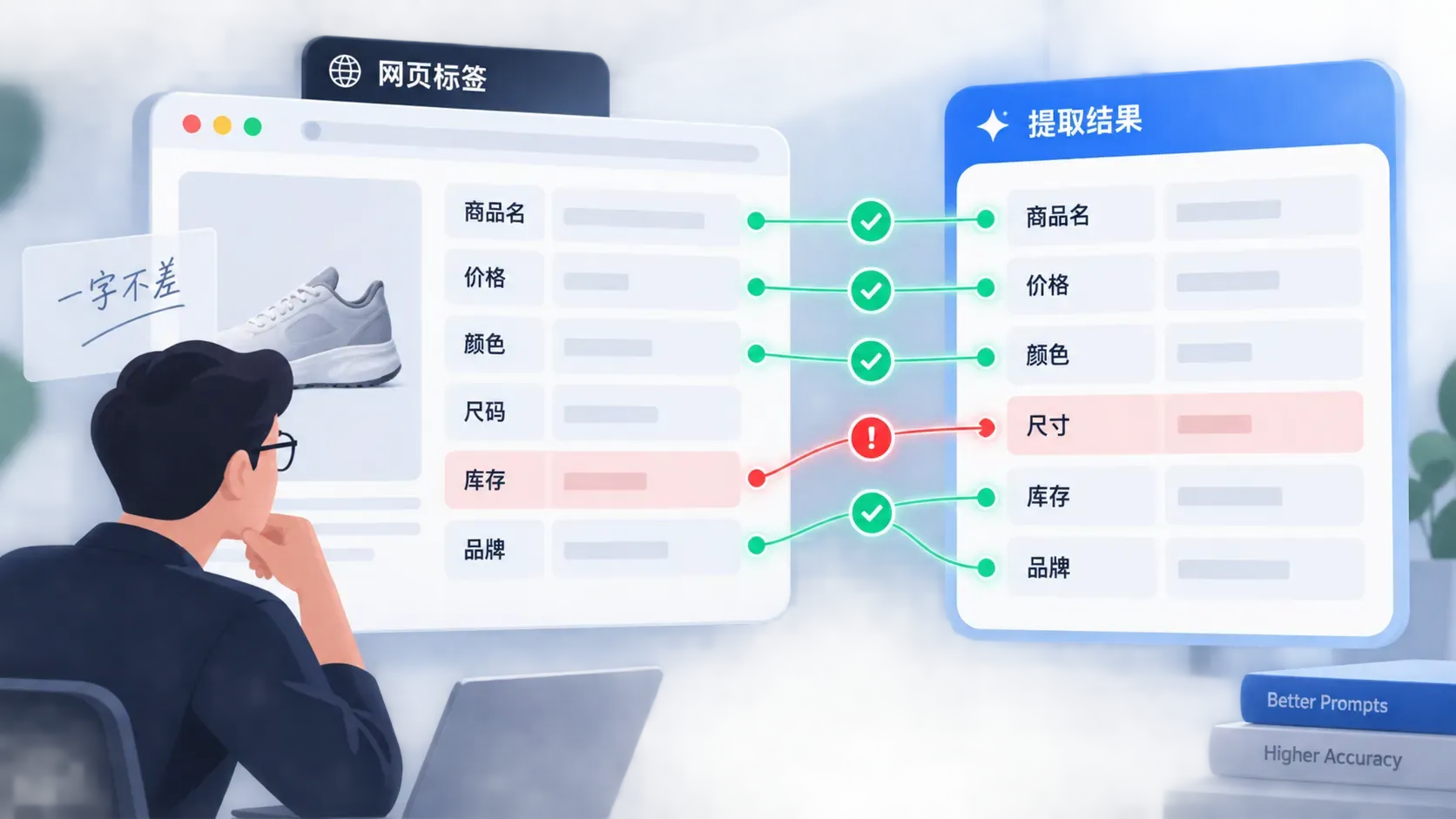 界面插画,网页标签清单与提取表单逐字段连线对齐,一条错位连线亮起警示色